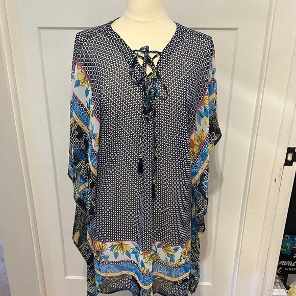 Tommy Bahama Navy Floral Border Lace-Up Swim Coverup - Picture 1 of 5